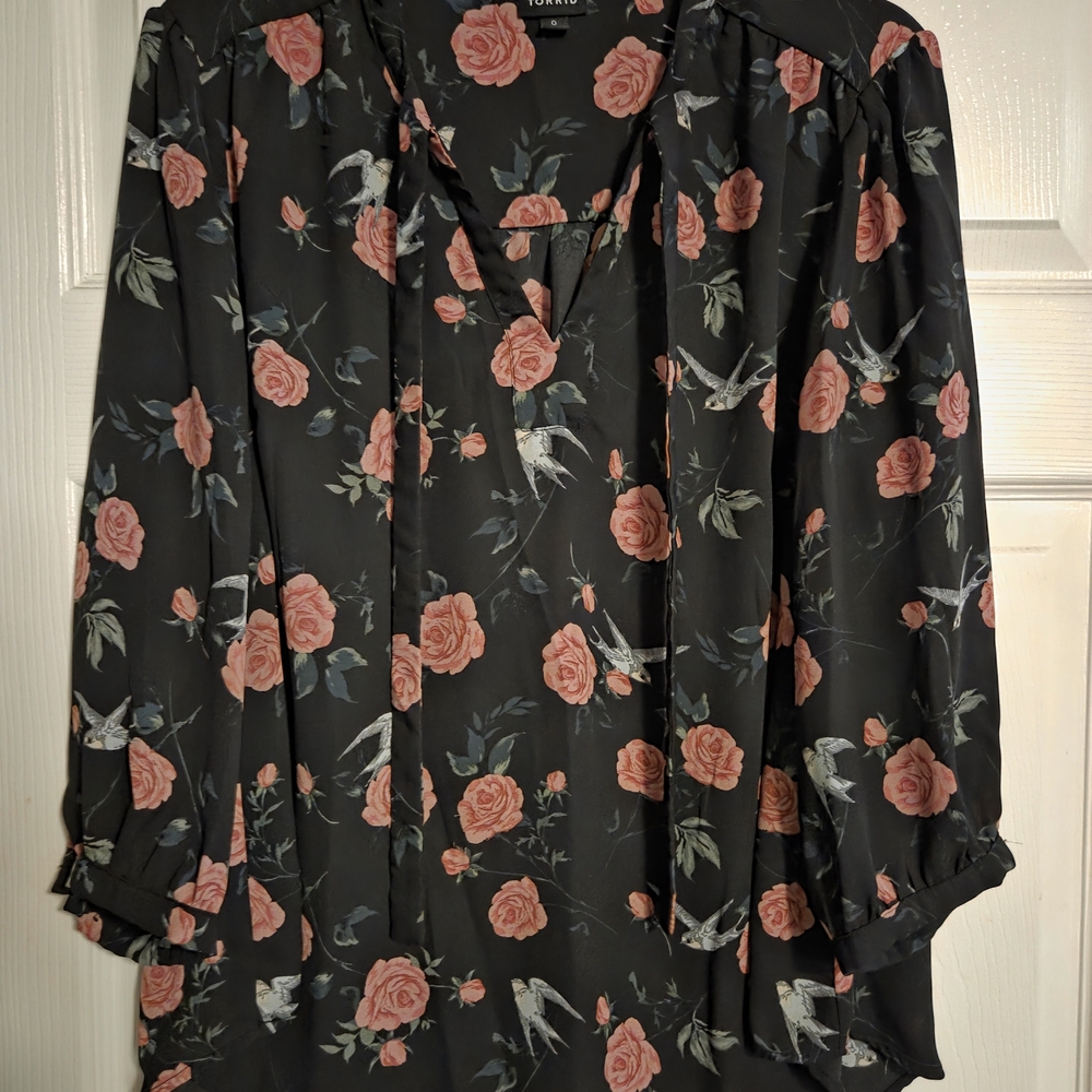 Torrid Black Blouse with Pink and Green Floral Print